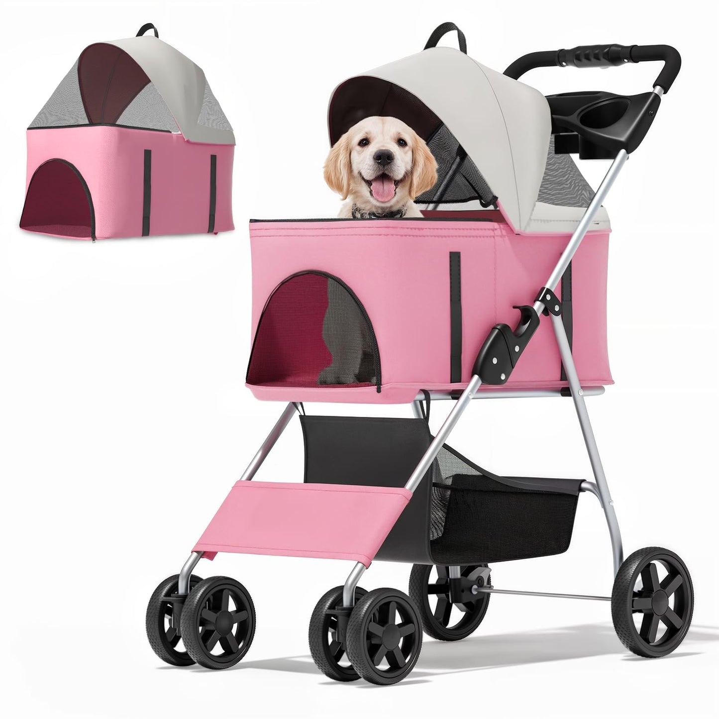 MoNiBloom 3 in 1 Foldable Pet Stroller for Small & Medium Dogs, Detachable Carrier, Car Seat, Push Button Entry, 4-Wheel Jogger for Pets up to 33 lbs, Pink