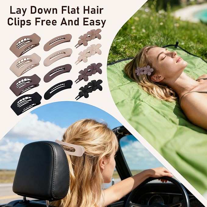 12 Pack Flat Hair Clips for Women – Matte Neutral Square Claw Clips, Flat Barrettes & Flower Pins in Black, Blonde,Light Brown & Dark Brown, Soft Touch Hair Accessories for Thick & Thin Hair