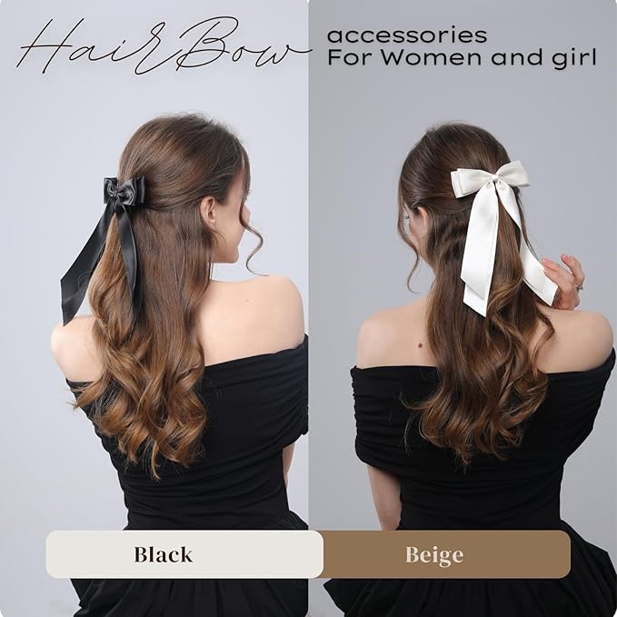 LuSeren 2 PCS Double Layer Hair Bows Beige Black Hair Ribbon Clips Ponytail Holder Accessories for Women Girls Toddlers Teens Kids