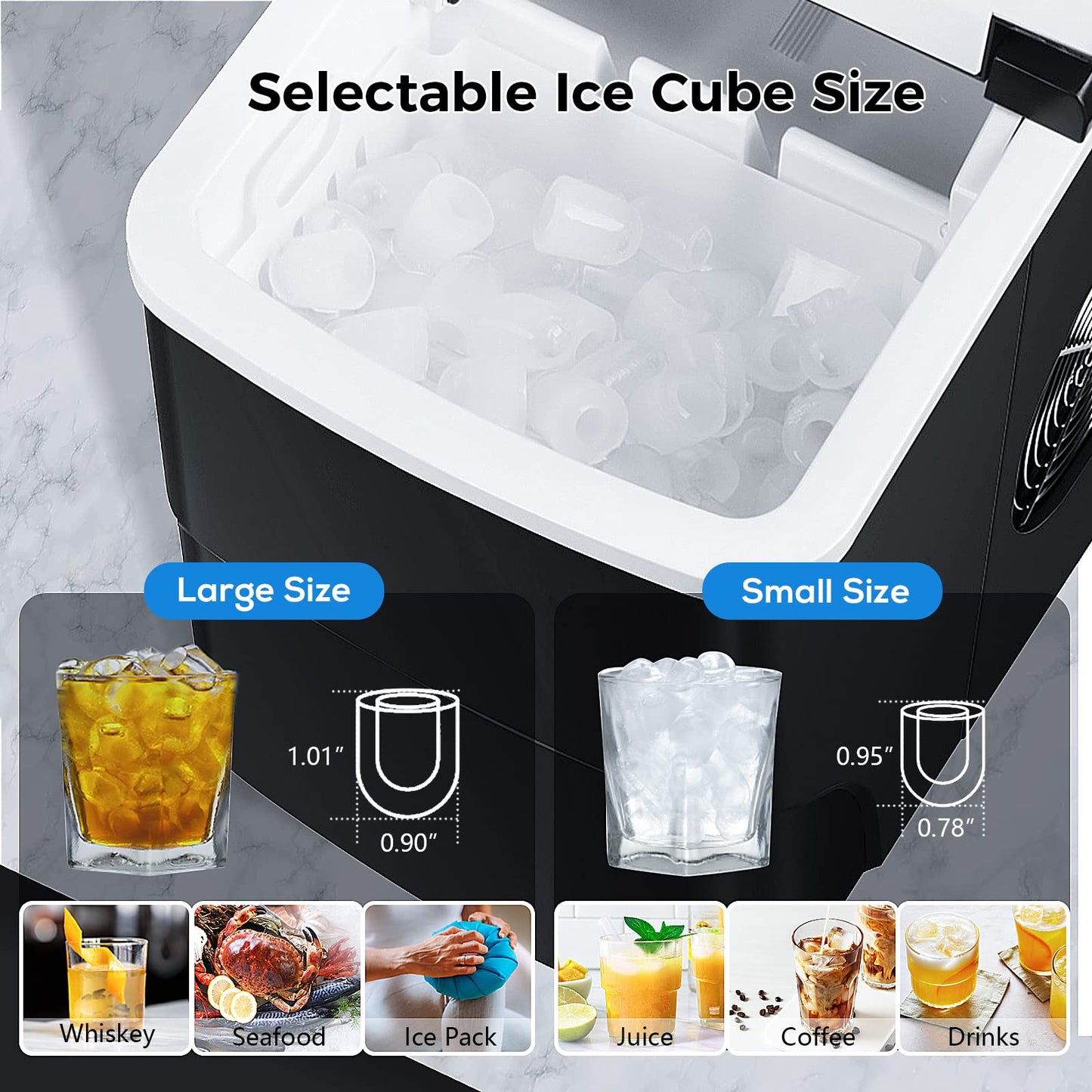 AGLUCKY Ice Makers Countertop with Self-Cleaning, 26lbs/24hrs, 9 Cubes Ready in 6 Mins, Portable Ice Machine with 2 Sizes Bullet Ice/Ice Scoop/Basket for Home/Kitchen/Office/Bar/Party, Black