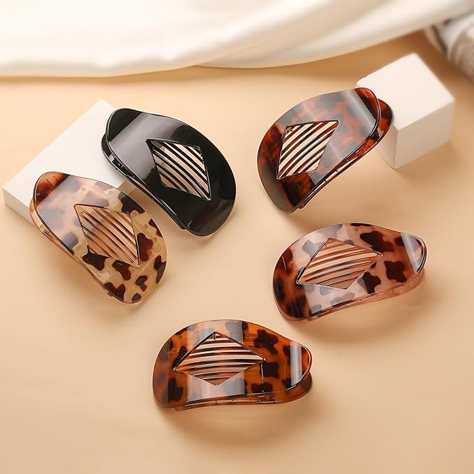 5 PCS Flat Hair Clips, No Crease Flat Claw Clips for Women, Large Strong Hold Barrettes for Thick Thin Hair, French Duckbill Styling Accessories(Tortoise)