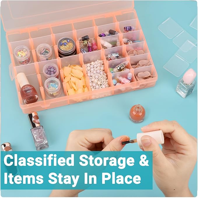 Nail Art Organizer Box, Cosics 36-Grid Orange Empty False Nail Tip Storage Box Organizing Containers for Nail Crystals, Rhinestones Nail Accessories with Adjustable Plastic Dividers