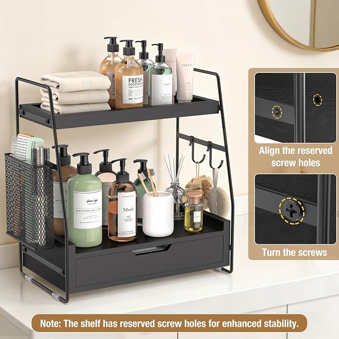 2-Tier Bathroom Counter Organizer with Drawer & Removable Basket, Wood & Metal Vanity Organizer for Skincare, Makeup, Perfume, Toiletries, Small Bathroom Counter Shelf, 13'' Black