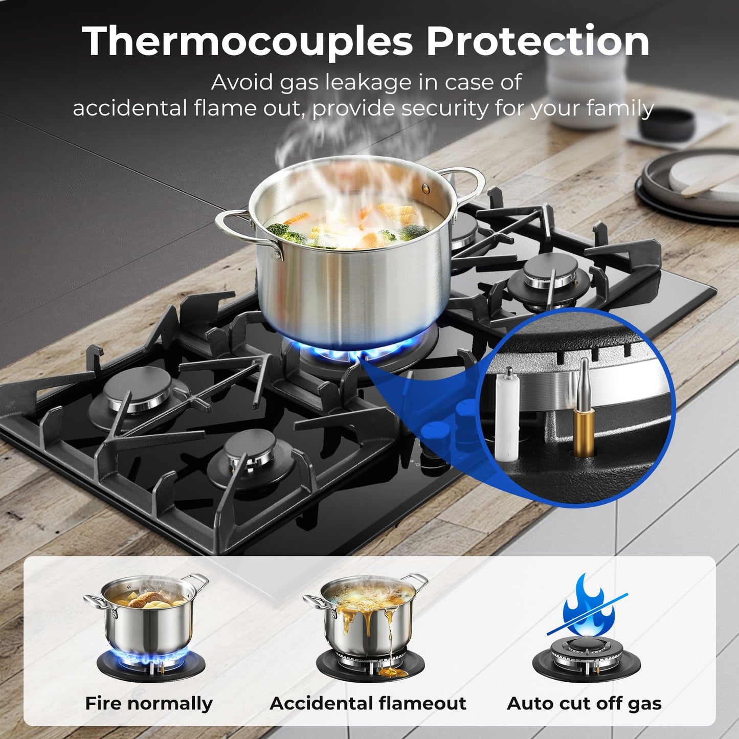 Gas Cooktop 30 Inch, Amzgachfktch 5 Burners Propane Stove, Built-in NG/LPG Convertible Gas Stove Top, Black Tempered Glass Propane Cooktop with Thermocouple Protection