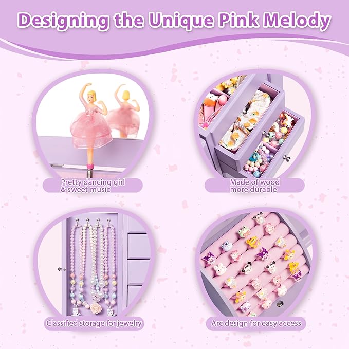 Emfogo Musical Jewelry Box for Girls, Large Kid Music Box with Ballerina for Birthday Bedroom Decor, 5 Layer Girl Jewelry Gifts for Girls Kids - Purple