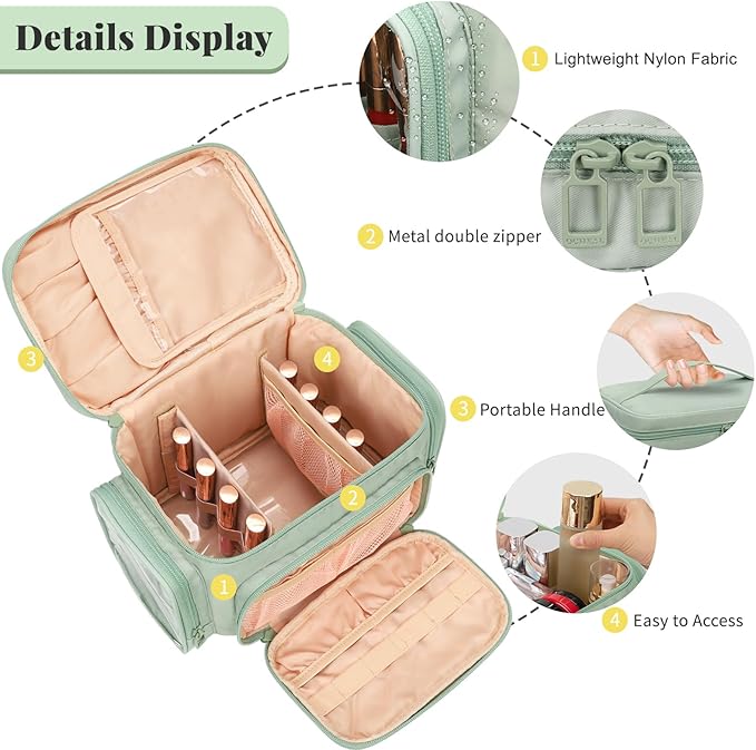 Bagmoly Large Makeup Bag, Portable Travel Makeup Bag Organizer for Women Girls with Makeup Brush Compartment & Two Side Pockets, Cosmetic Travel Bag Vertical Storage Toiletry - Green