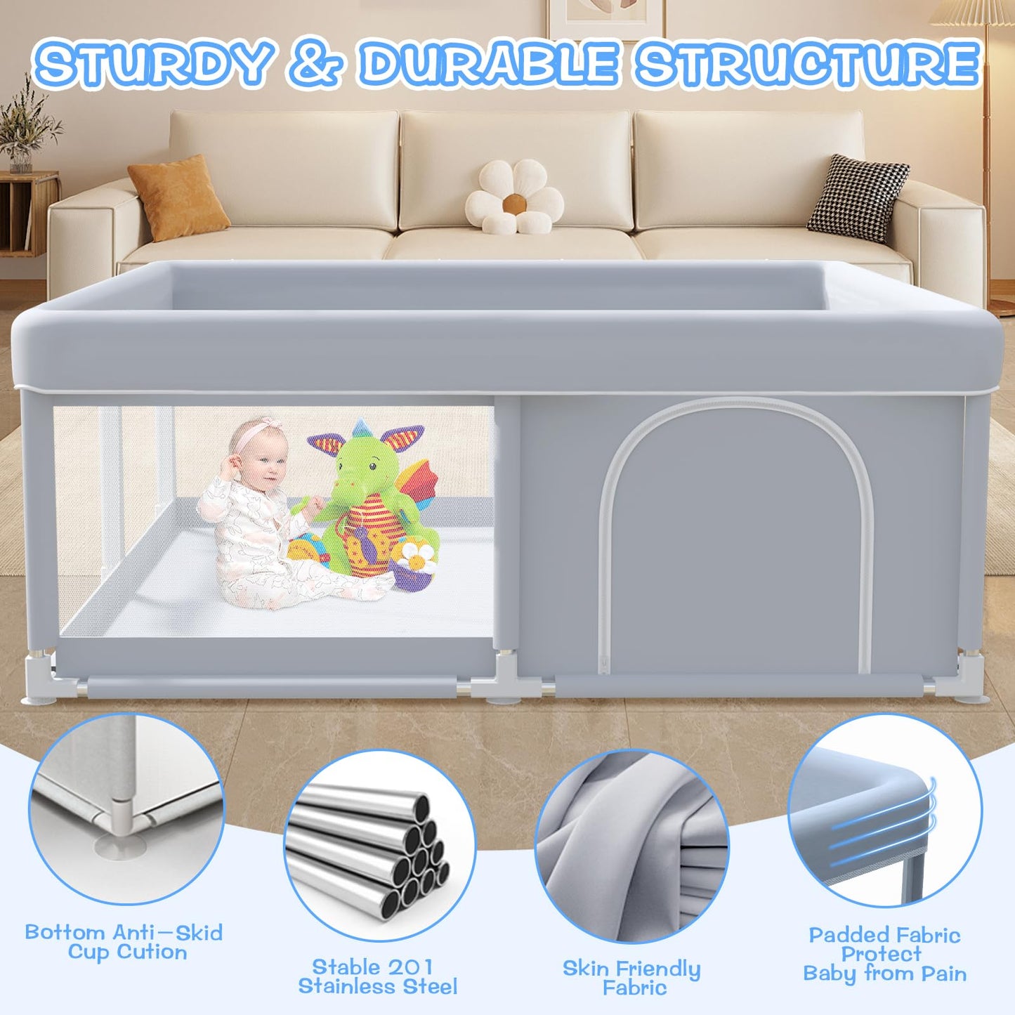 XVISHX Baby Playpen 50 x 50 Inch Play Pen Playards, Playpen for Babies and Toddlers, Baby Playard for Indoor & Outdoor Active Center Game Fence, with Skin-Friendly Fabric and Soft Breathable Mesh Grey