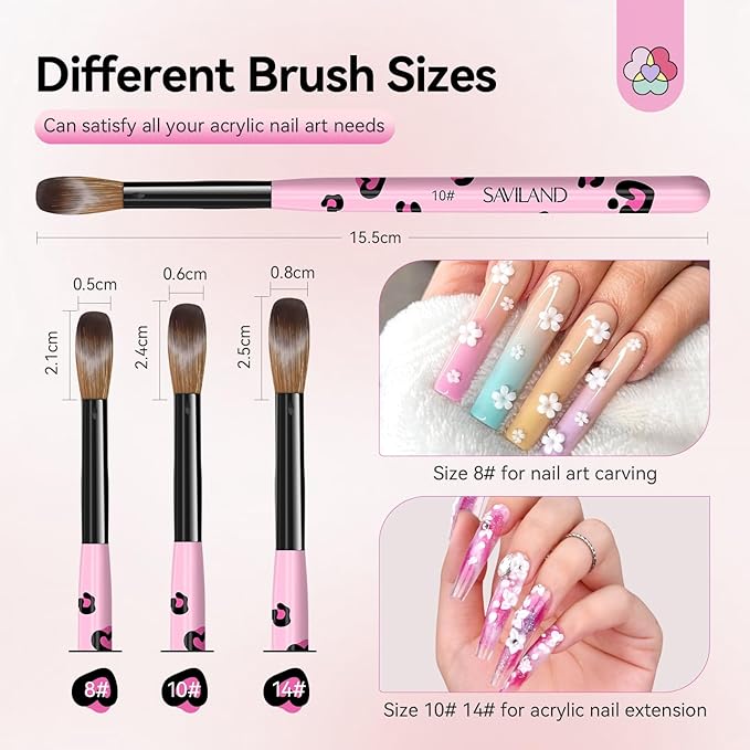 SAVILAND Acrylic Nail Brush Set: 3 Pcs Acrylic Brushes for Nails, Size 8/10/14 Professional Nail Art Brushes for Acrylics Powder Application, Acrylics Kit Set for Nails Extension 3D Caving DIY