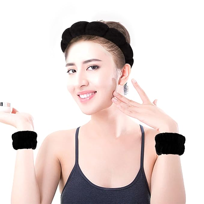 AOPRIE SPA Headbands for Washing Face Makeup Scrunchies Powder Puff Women Facial Head Band Wrist Towel Wraps For Shower Face Mask Black Style Black, 7 Pack