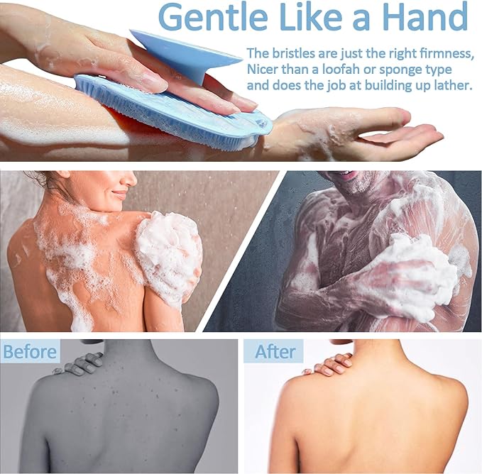 Soft Silicone Body Scrubber, Gentle Like a Hand Exfoliating Your Skin and Build Up Lather Easily, Back Large Suction Cup Easy to Store, Long-Lasting & Deep Clean (Blue)