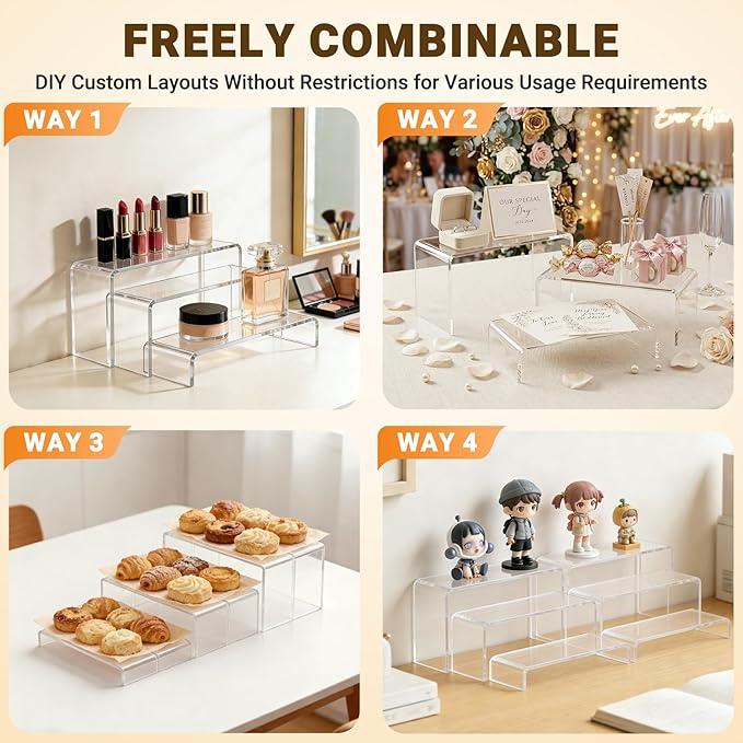 FUNFERY Acrylic Display Risers,2 Sets(7.8" L~8.2" L~8.6" L) Display Stand Shelf for Figure,Collectibles,Cupcake,Clear Acrylic Risers for Displays Case Cabinet,Dessert Table,Shelf Riser for Decor,Food