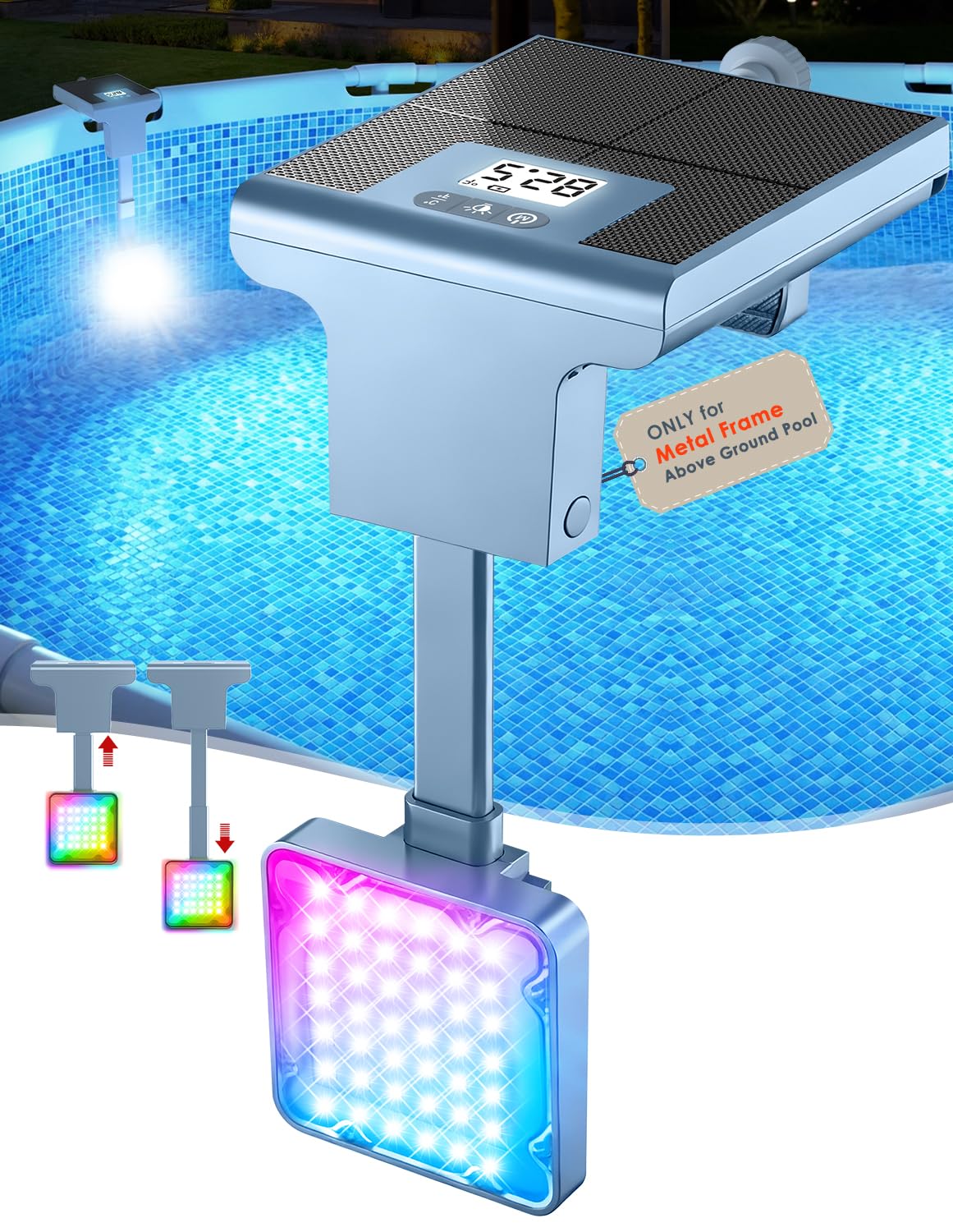 LightHacker Solar Pool Lights for Metal Frame Above Ground Pool, Upgraded Solar Lights w/LCD Pool Thermometer,Underwater Led Lights for Pool Accessories,Swimming Pool Lighting with 10 Light Modes,1PC