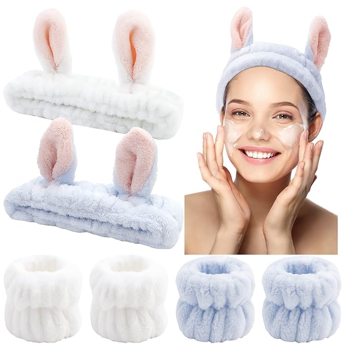 YISSION Cute Bunny Ear Spa Headband and Wristband Set for Women and Girls - Soft Plush Makeup Headband with Wrist Towels for Face Washing, Skincare, Shower, Easter Party Favors (White & Blue)