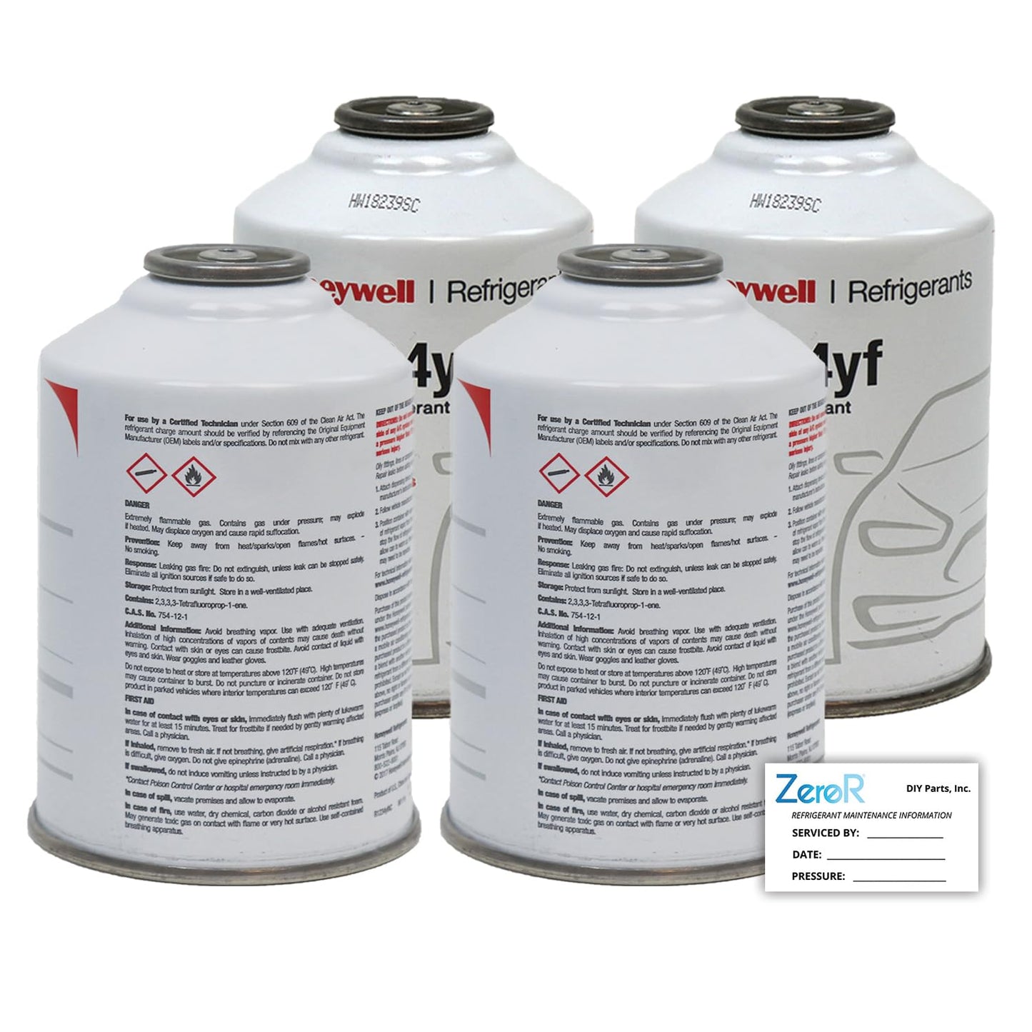 ZeroR® Genuine R1234YF Refrigerant Can for Automotive AC Systems - HFO-R1234YF, SSV Can with Reverse-Thread Design, Included Service Sticker - Compatible with R1234YF Systems - 8 Oz, 4 Can