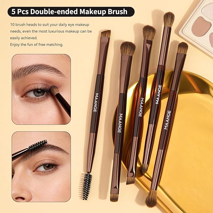 MAANGE 7 PCS Foundation Makeup Brush Set With Bag, Make up Brushes, Eyeshadow Concealer Brush, Double-ended Foundation Contour Powder Blush, Professional Face brush Set Tools For Liquid,Cream (Brown)