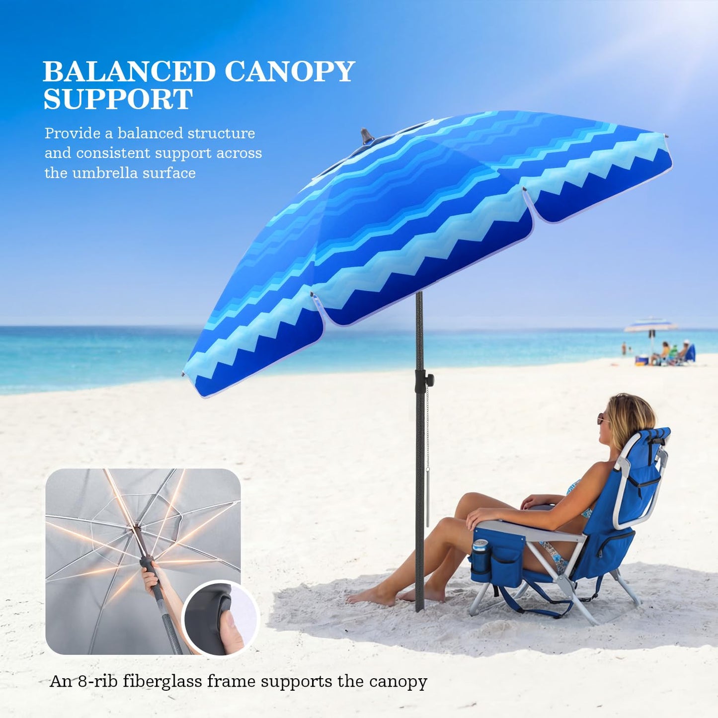 UIRWAY 7.5FT Beach Umbrella, Heavy Duty Windproof Beach Umbrellas with Sand Anchor & Tilt, Sun Protection Portable Beach Umbrella with Carrying Bag for Beach, Patio Garden Pool Outdoor