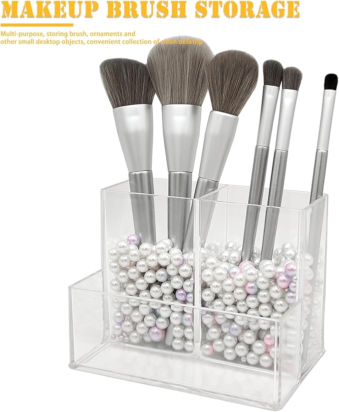 Cerpourt Clear Acrylic Makeup Brush Organizer,Multi-Purpose Cosmetic Brushes Storage Holder with 3 Slots,Pencil Pen Holder for Desk,Desk Organizer and Accessories for Vanity