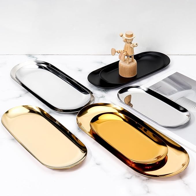 2PACK Black Decorative Tray,Oval Stainless Steel Trays, Decorative Tray for Jewelry Dish Cosmetics Organizer Bathroom Clutter Serving Platter (Black, 9 in)