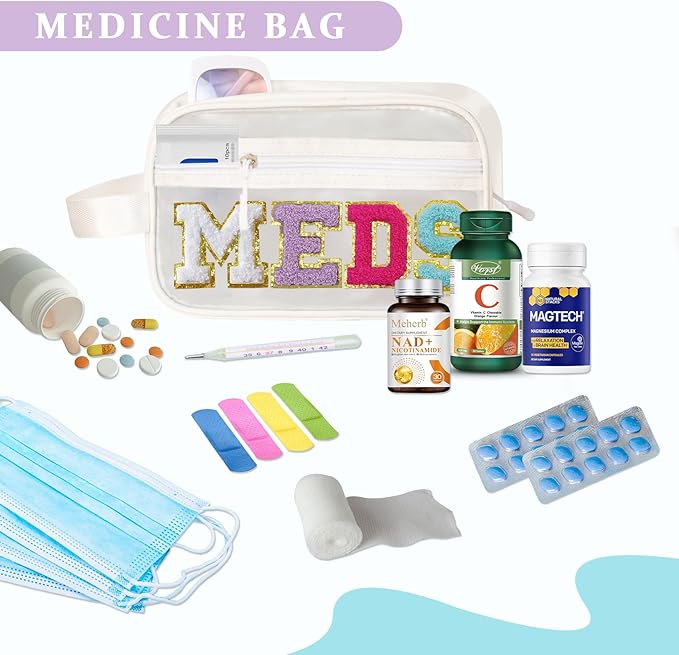 COSHAYSOO Clear MEDS Bag Travel Medicine Zipper Pouch Small Medication Drug Pills Storage Case, Preppy Cute Cruise Air Car Traveling Essentials Accessories Organizer Easter Gift for Women Teen Girls