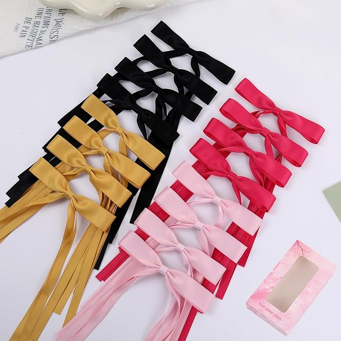 Hair Bows Clips Coquette Ribbon Bowknot with Long Tail Princess Hair Bows French Barrettes Hair Accessories for Women Girls 16PCS (Rose red, Pink, Yellow, Black)