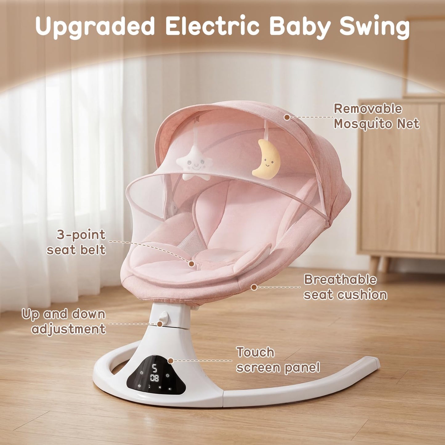 Electric Baby Swing with Remote Control - 5 Natural Motion Speeds, Detachable Seat Pad | Portable Infant Swing for Indoor/Outdoor Use (0-12M, 20lbs) (Pink)