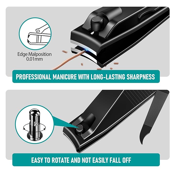 Nail Clippers Set, Heavy Duty Black Matte Stainless Steel Nail Clipper with Nail File,Fingernail and Toenail Clipper Cutters, Nail Clipper Tools Gift for Men & Women