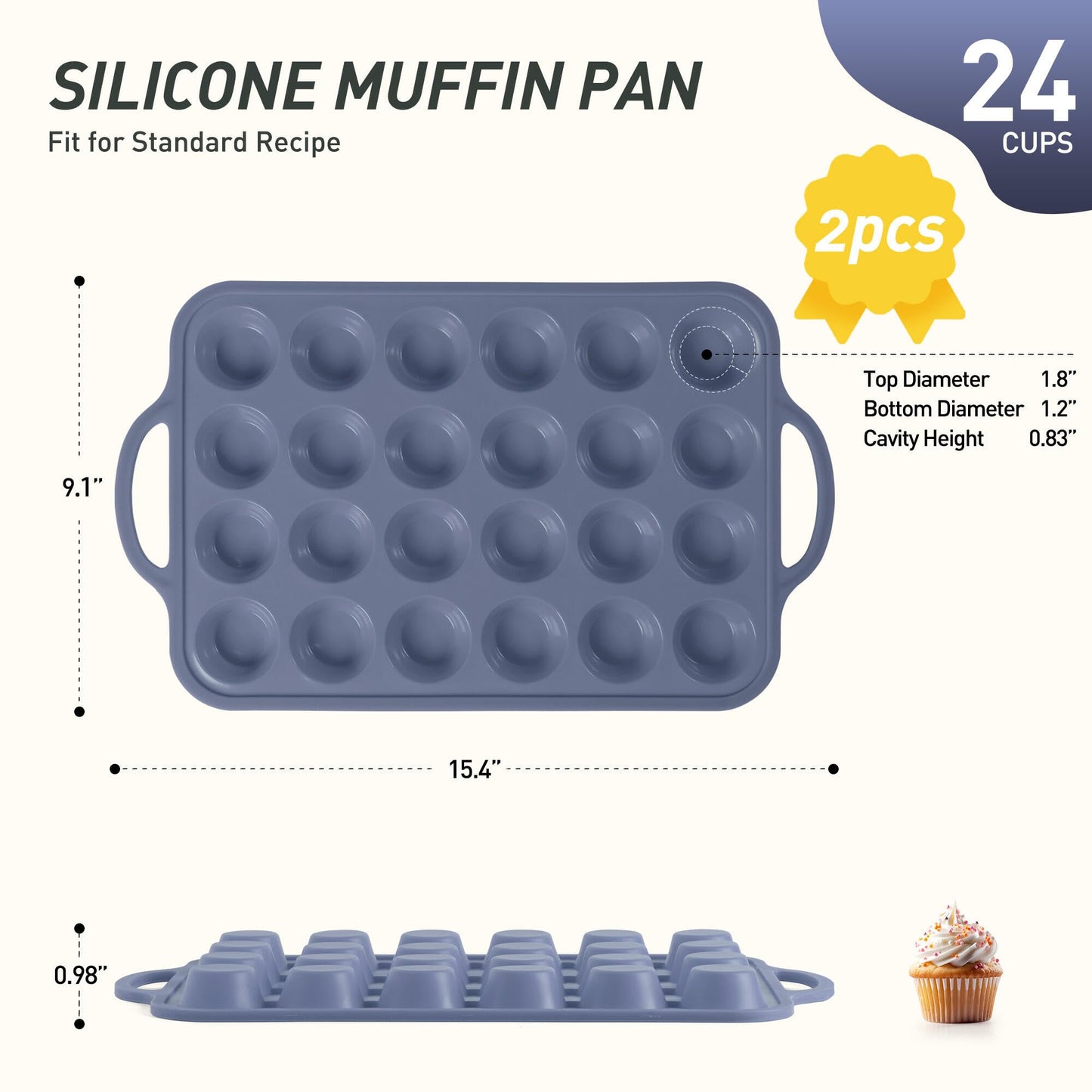 2 Packs 24 Cups Silicone Muffin Pan with Metal Reinforced Frame Mini Size Cupcake Pan Tray Egg Bites Silicone Circle Cookie Molds Muffin Tin Tart Pans Baking Sheet Set for Breakfast Sandwiches