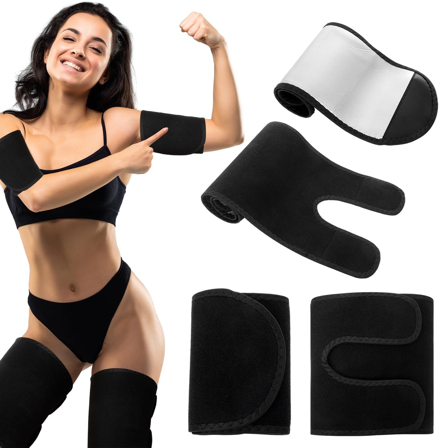 Shyyween 4 Pcs Thigh Wraps & Arm Trimmers Set Thigh and Arm Sweat Bands Slimmer Leg Wrap Compression for Weight Loss(Black and Sliver)