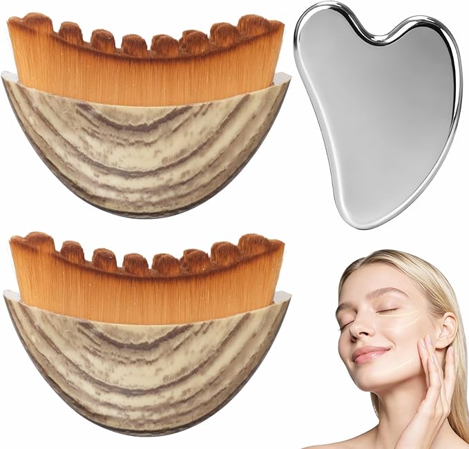 2PCS Lymphatic Contour Face Brush & Stainless Steel Gua Sha Tool Set, for Face and Neck Massage gua sha, Jawline Puffiness, Lifting, Relaxation, Lymphatic Drainage