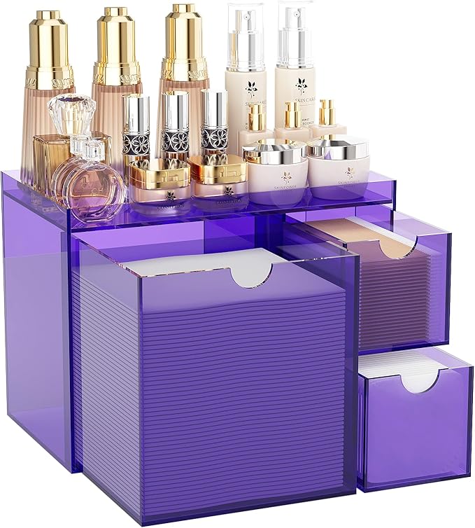 Youdepot Purple Acrylic Face Towel Holder with 3 Drawers, Disposable Face Towel Organizer for XL Facial Towels, Cotton Pads, Swabs, Skincare Tools, Bathroom Vanity Countertop Storage Box.