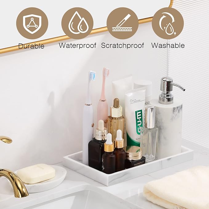 Luxspire Bathroom Vanity Tray, Resin Dresser Jewelry Ring Dish Tank Storage Kitchen Sink Countertop Organizer Plate Holder for Perfume Candles Soap Towel Plant Bathroom Accessories, M, White Marble