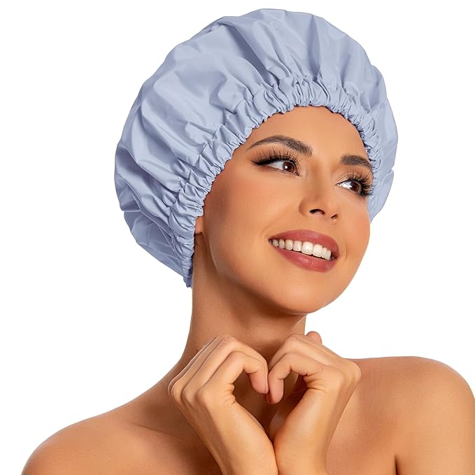 Reusable Shower Cap for Women, Large Waterproof Shower Bonnet with Elastic Band, Washable Bath Hair Cap for Long, Curly Hair, Braids, Daily Shower, Home Spa, Travel(Gray)
