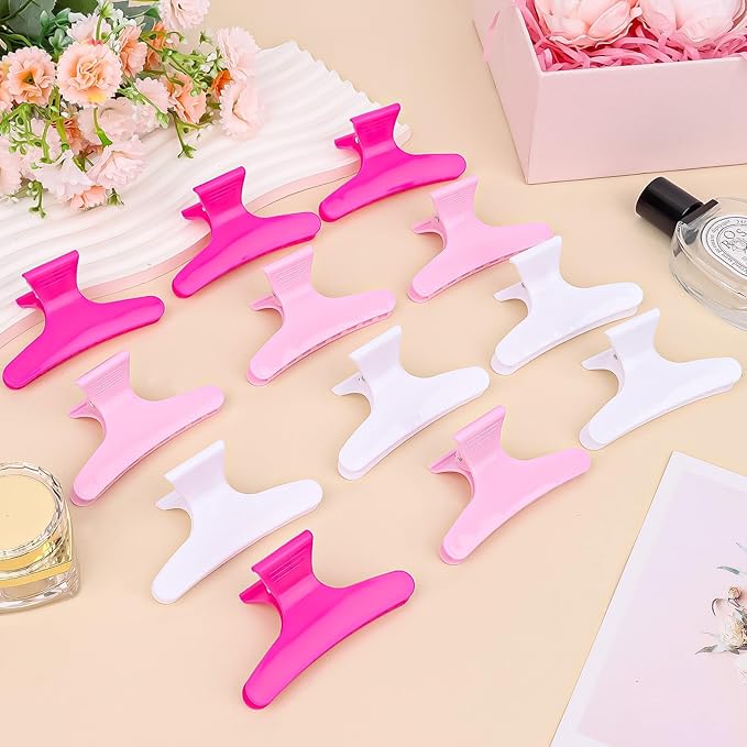 Hair Sectioning Clips, 12 Pack, Pink and White, 3.14 Inch, Plastic Styling Clamps for Salon and Home Use