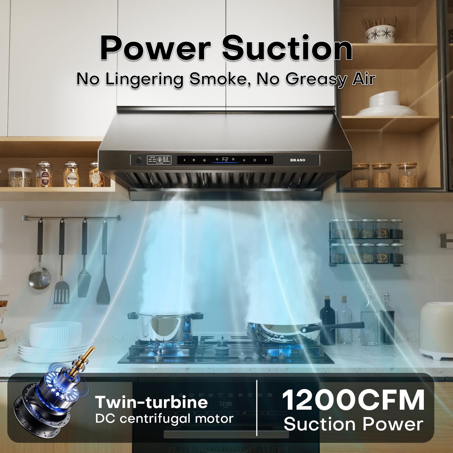 36inch Under Cabinet Range Hood with 1200 CFM Power, Stainless Steel Ducted Vent Hood with Voice & Gesture Control, PVD Titanium Plated Finish, 6 Speed, DC Motor