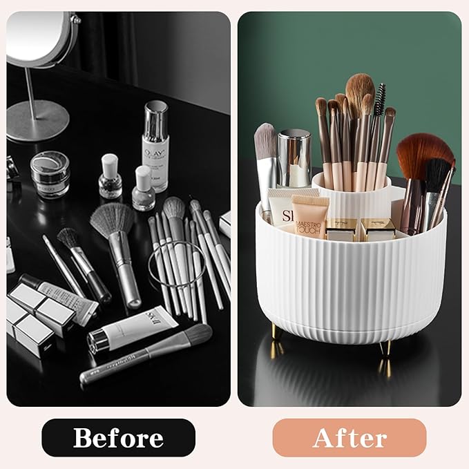 360° Rotate Makeup Brush Holder Organizer, Makeup Organizers Countertop, Makeup organization and Skincare Storage for Vanity, Desktop, Bathroom (White-1)