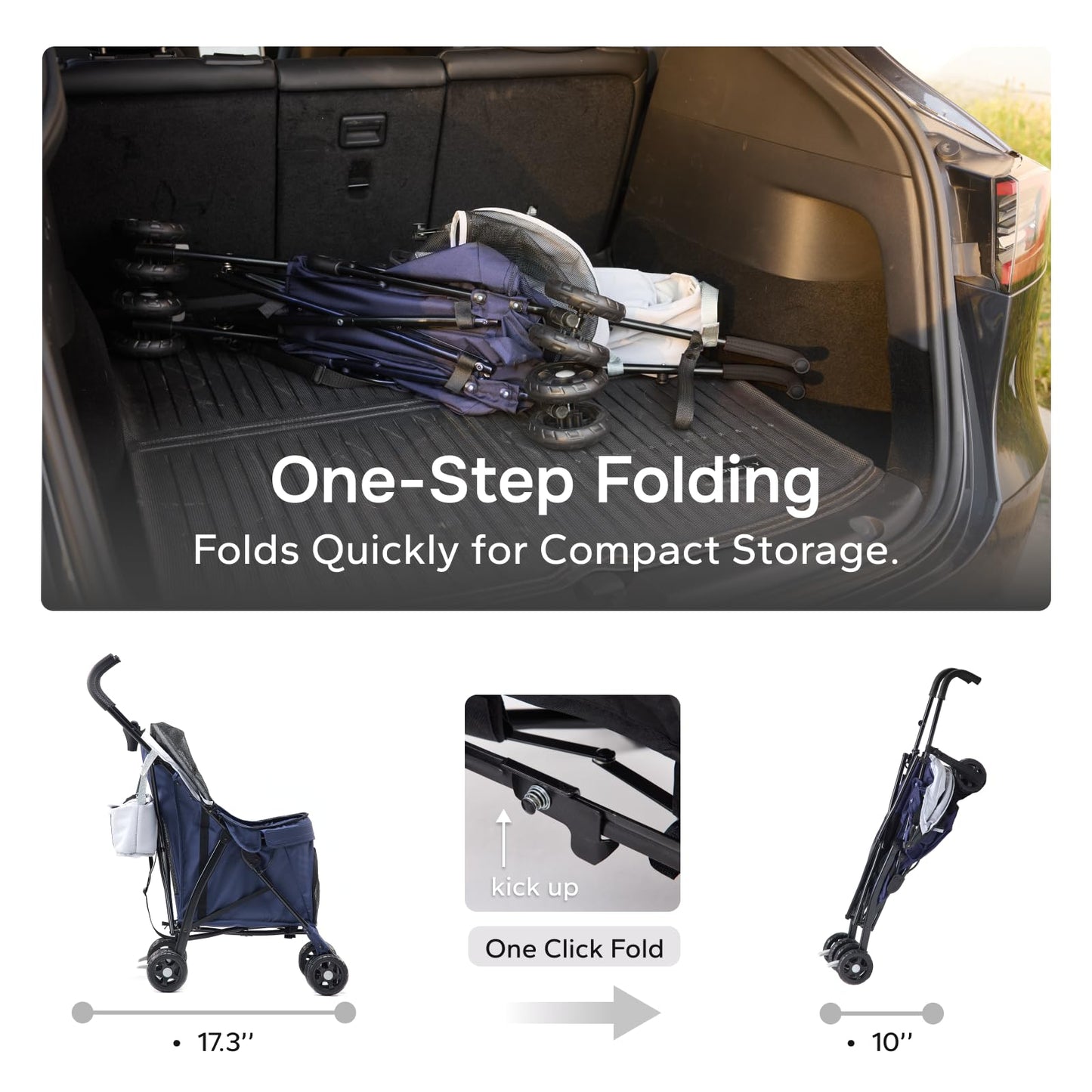 TerraPede Lightweight 10 lbs Foldable Pet Stroller for Small Dogs & Cats, Easy-Fold Compact, with Adjustable Sun Canopy, Cup Holder, Breathable Mesh, Pad & Storage Bag, Holds 33 lbs, Blue Gray