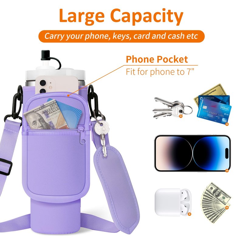 AceTreker Water Bottle Sleeve Bag for Stanley 30/40 oz Tumbler with Handle & 2 Pockets, Neoprene Metal Travel Coffee Mug Carrying Sling Accessories-Purple
