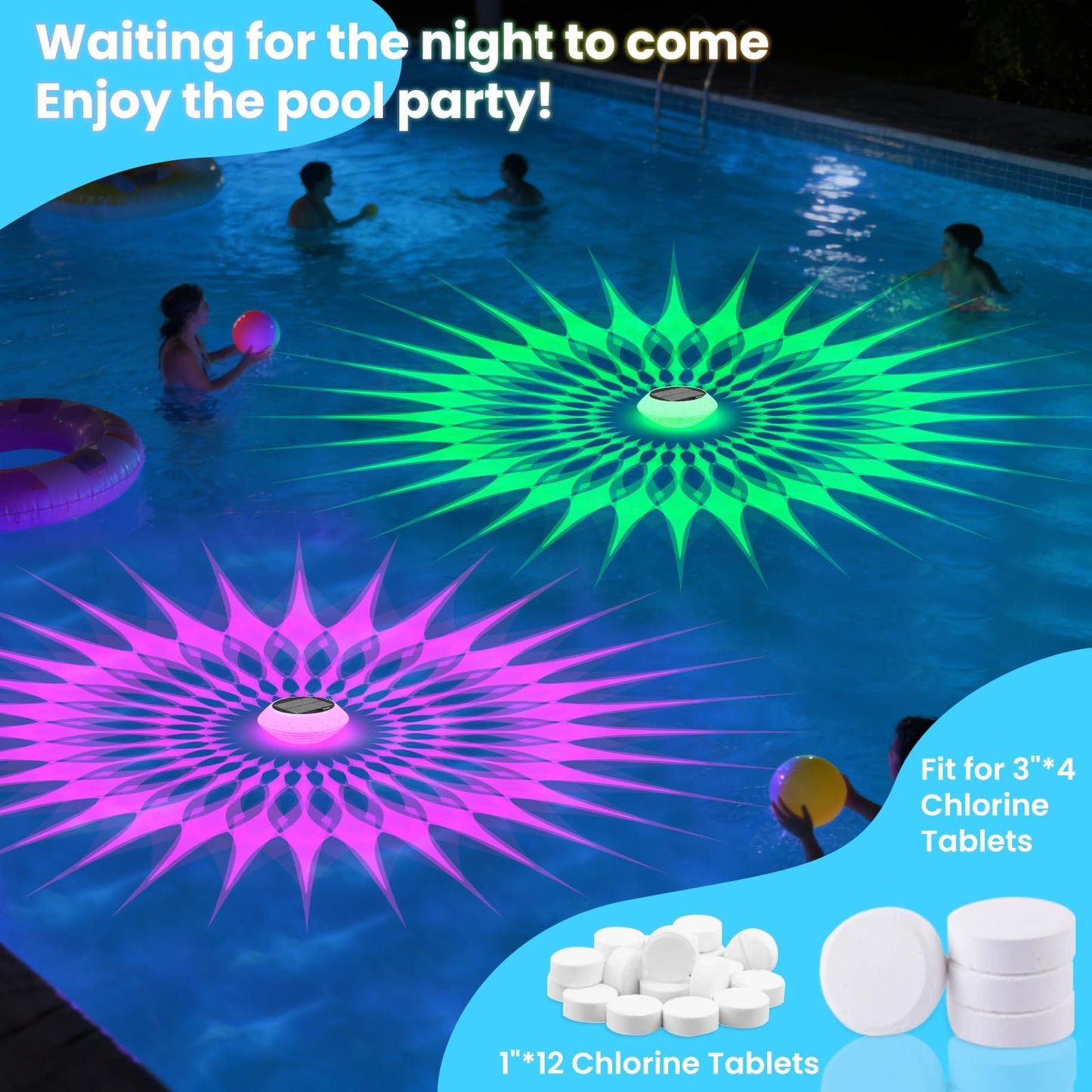 2026 Upgrade Solar Pool Chlorine Floater 3 Inch Tablets(1 Pack), 1800mAh Floating Pool Lights with Remote, 42 Lighting, Timer Function, IP68 Waterproof for Inground/Above Ground Pool, Pool Party, SPA