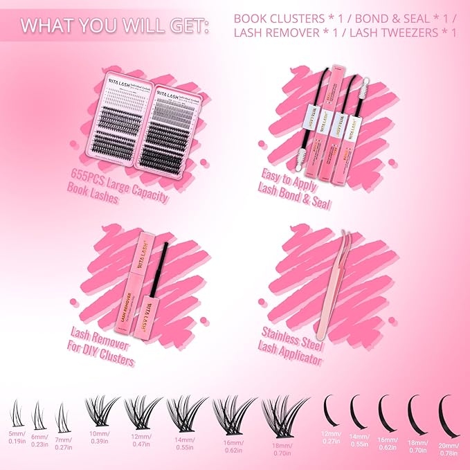 Lash Clusters Kit DIY Lash Extension Kit Cluster Lashes Kit+Bottom Lashes+Spikes Eyelash Extensions with Lash Bond and Seal,Lash Remover,Tweezers RITALASH(30D 50D 60D 80D+Bottom Lashes+Spike Lash Kit)