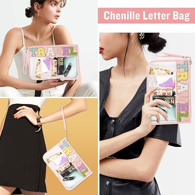 Chenille Letter Clear Travel Bags Purse with Wristlet, Monogram PVC & PU Clear Zipper Pouch, Waterproof Portable Glitter Snacks Makeup Beach Toiletry Bag for Women Girls (TRAVEL-Pink)
