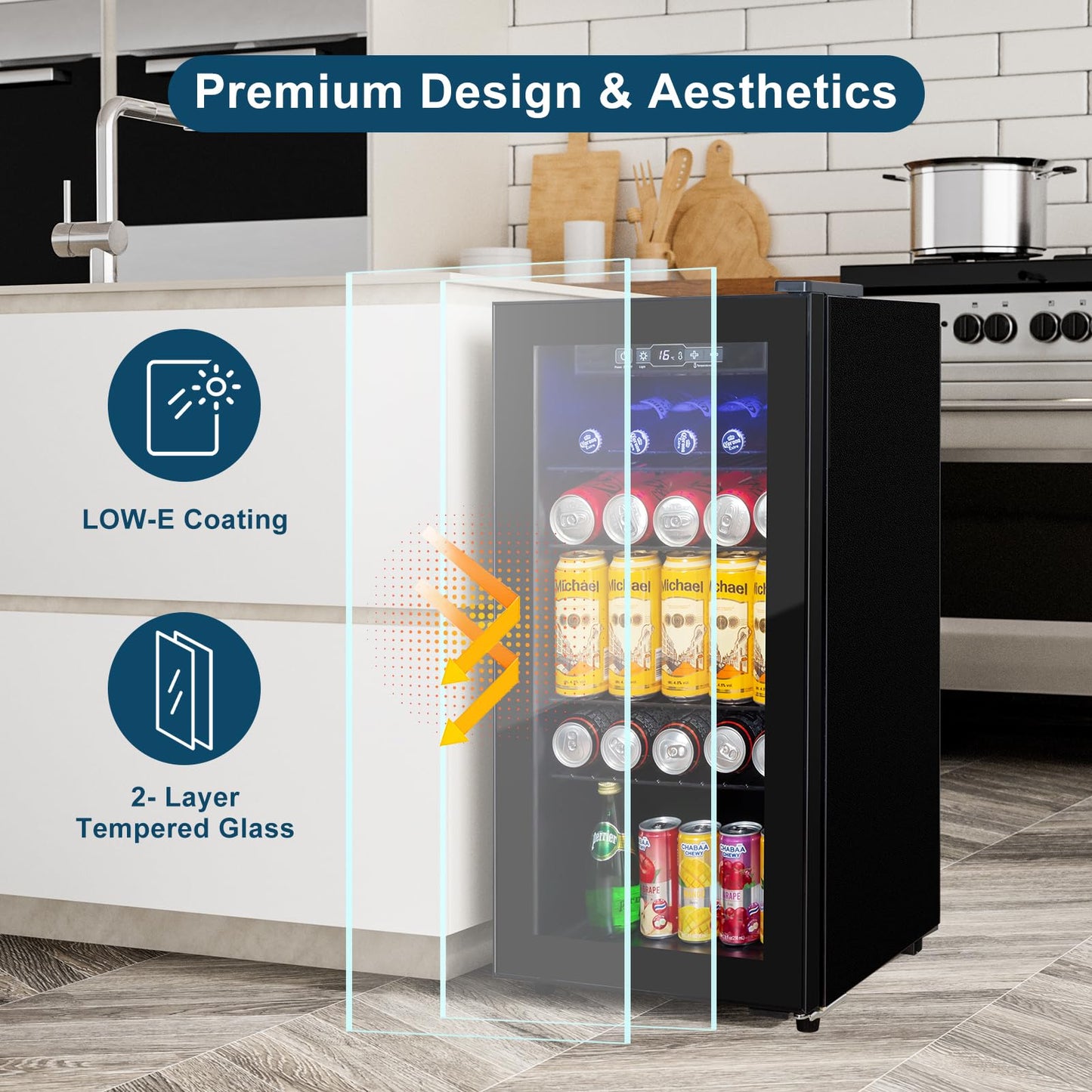 Cucina Magica 4.8 Cu.Ft Beverage Refrigerator, 155 Can Mini Fridge with Freeze with Glass Door, Adjustable Shelves, Drink Fridge, Suitable for Soda, Beer, Essential for Home/Bar