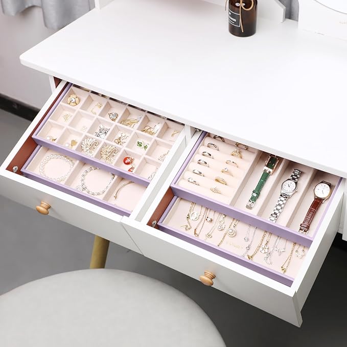 LANDICI Stackable Jewelry Organizer Trays 4 Set,PU Leather Jewelry Organizer Drawer,Jewelry Storage Display Tray for Earring Necklace Rings Bracelet with Removable Dividers,Lavender