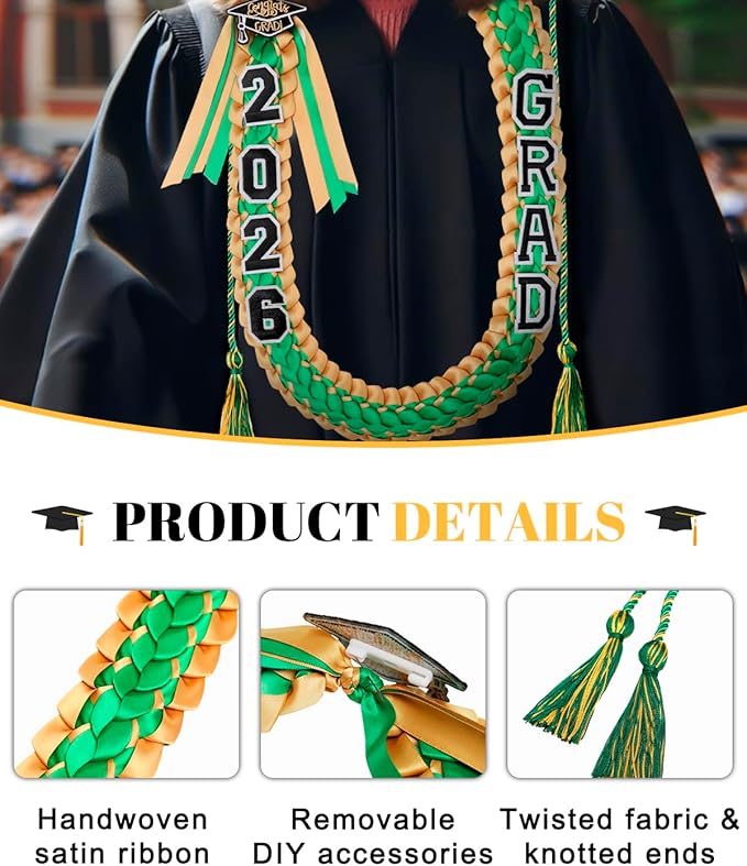 ALKB 2026 Graduation Lei Set - Two-Tone Braided Ribbon with Honor Cord, Unisex Graduation Gift for Graduates, Polyester
