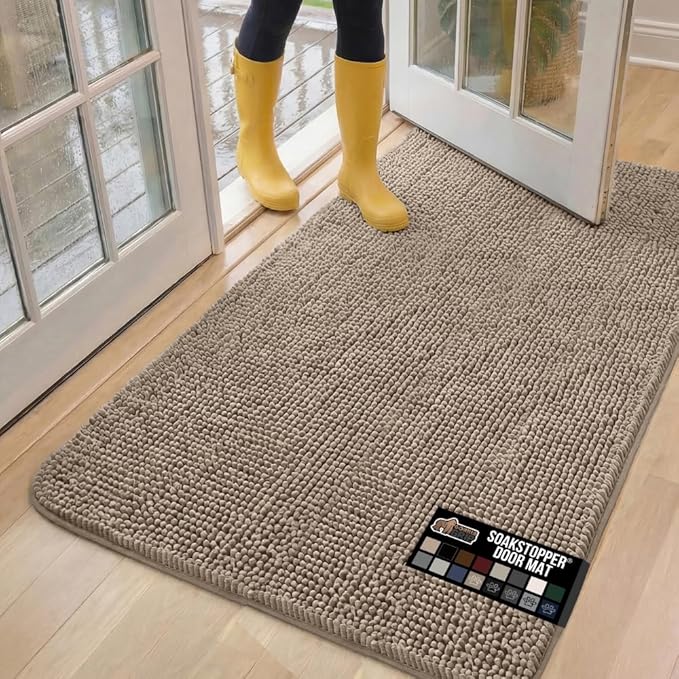 GORILLA GRIP SoakSTOPPER Dog Door Mat, 60x36 Machine Washable Rug Absorbent Doormat Captures Moisture Mud Dirt, Quick Dry Soft Chenille Entryway Rugs Indoor Entrance Mats for Dog Paws, Beige