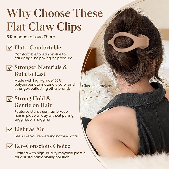 6 PCS Large Flat Hair Clips for Women Girls, French Concord Lay Down Flat Claw Clips for Thick Thin Hair, Comfortable Curved Flat Hair Clip, Matte Non-slip Strong Hold Hair Accessories, Brown