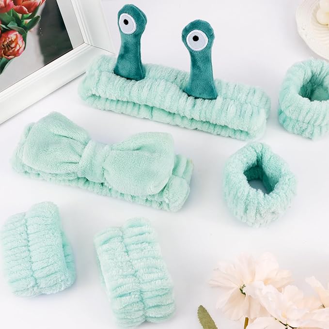 Spa Headband and Wristband Set Skincare Makeup Headband Bowknot Snail Headbands Wrist Bands for Washing Face Cute Animal Face Wash Head Band for Women Girls (Green)
