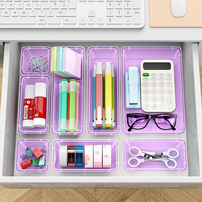 12-Piece Drawer Organizer Set, 4 Sizes Versatile Plastic Vanity Organizer for Makeup, Stationery, Gadgets, in Kitchen, Bathroom, Office, and Bedroom, Purple