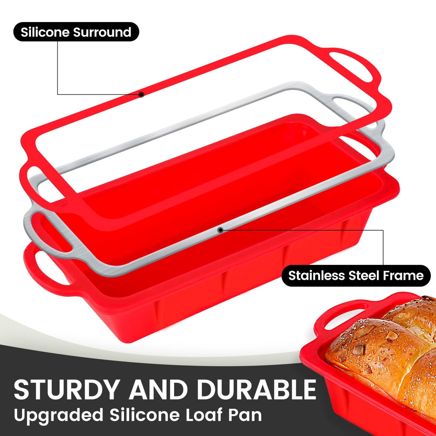 Vinino 2 Pack Silicone Bread Loaf Pan with Metal Reinforced Frame, 9.5 x 5 in Non-stick Silicone 1 lb Loaf Pan for Baking, Durable Bread Pan for Oven Dishwasher Safe - Red