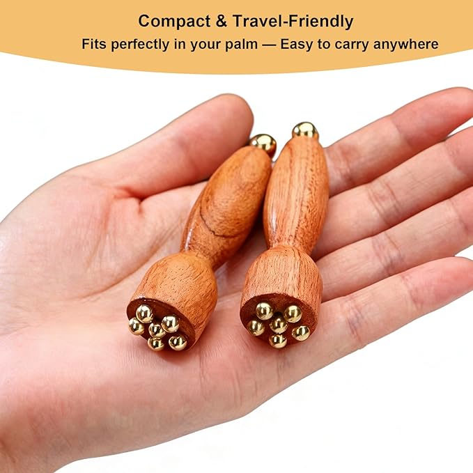 2Pcs Facial Massage Tool for Eye Massage Reduce Puffiness and Dark Circles Facial Meridian Brush Rosewood Handle Copper Massage Beads Chinese SPA Gua Sha Tool (Rosewood)