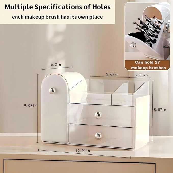 Makeup Organizer for Vanity with Covered Brush HolderÃ¯Â¼ÂBathroom Organizers with DrawerÃ¯Â¼ÂSkin Care OrganizerÃ¯Â¼ÂMakeup Organizers for Vanity with DrawerÃ¯Â¼ÂLarge Makeup Storage for Dresser, White